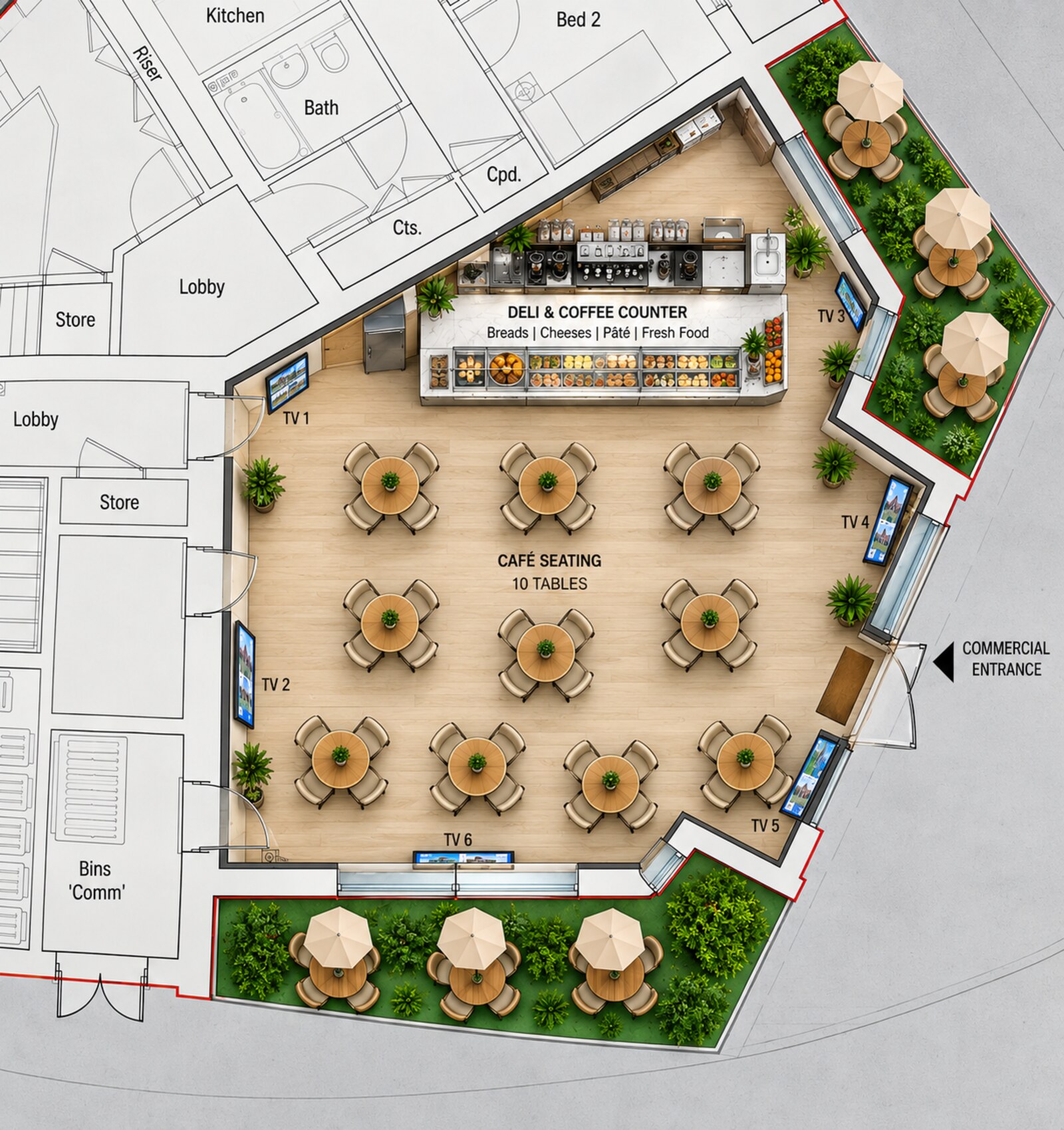 Concept layout of a ground-floor deli and coffee shop with a counter, café seating and outdoor tables